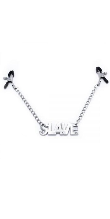 Nippelklammern mit Metallkette und Schriftzug: Sklave