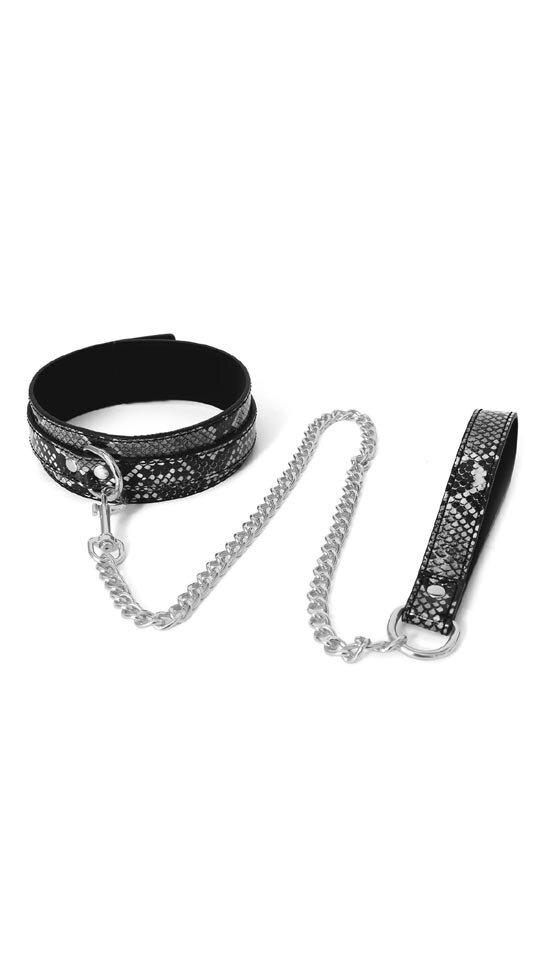 Halsband mit Leine Silber/Schwarz Reptil