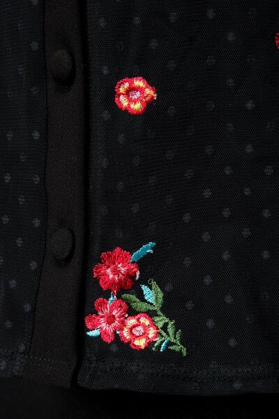 Netz-Bluse Schwarz mit Stickerei